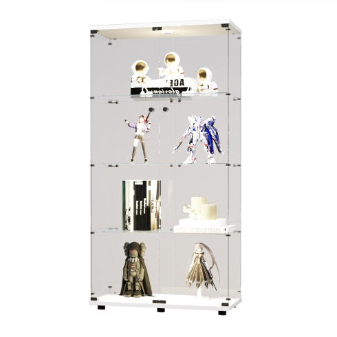 Two-door LED Lights Glass Display Cabinet 4 Shelves With Door, Floor Standing Curio Bookshelf For Living Room Bedroom Office, 64.7x31.7x14.3, White