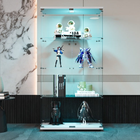 Two-door LED Lights Glass Display Cabinet 4 Shelves With Door, Floor Standing Curio Bookshelf For Living Room Bedroom Office, 64.7x31.7x14.3, White