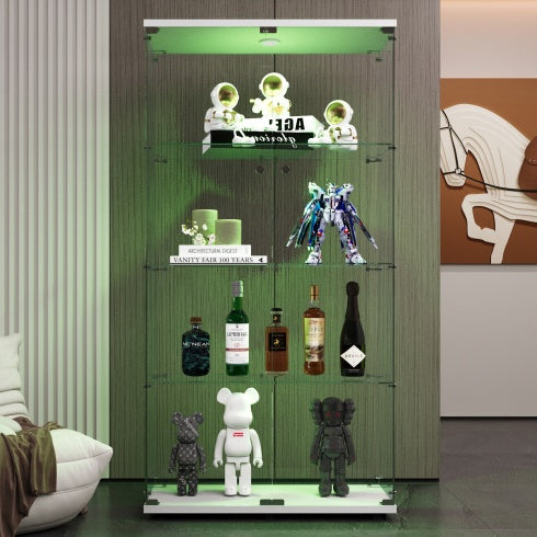 Two-door LED Lights Glass Display Cabinet 4 Shelves With Door, Floor Standing Curio Bookshelf For Living Room Bedroom Office, 64.7x31.7x14.3, White